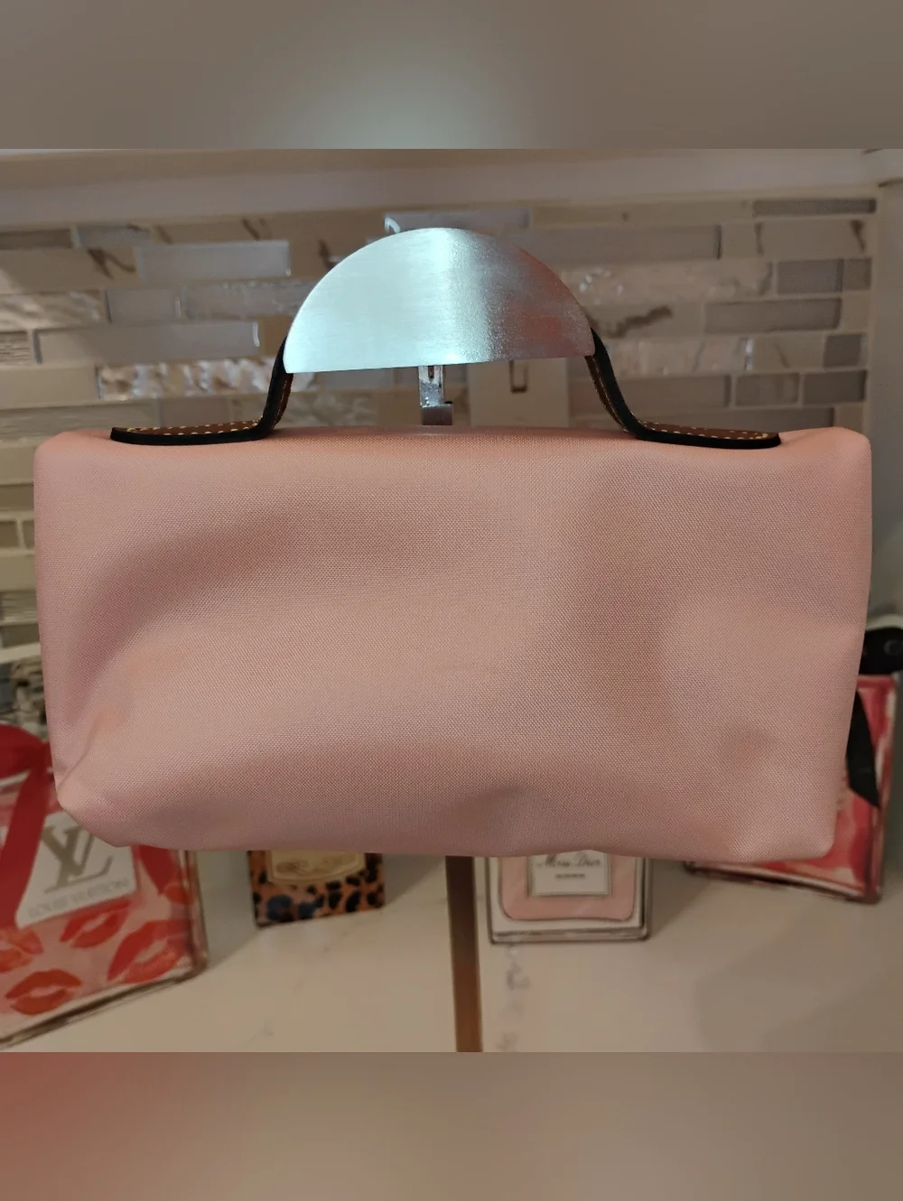 LIKE NEW Longchamp Pink Cosmetic Pouch w/ Tan Leather Trim GHW - Picture 4 of 11
